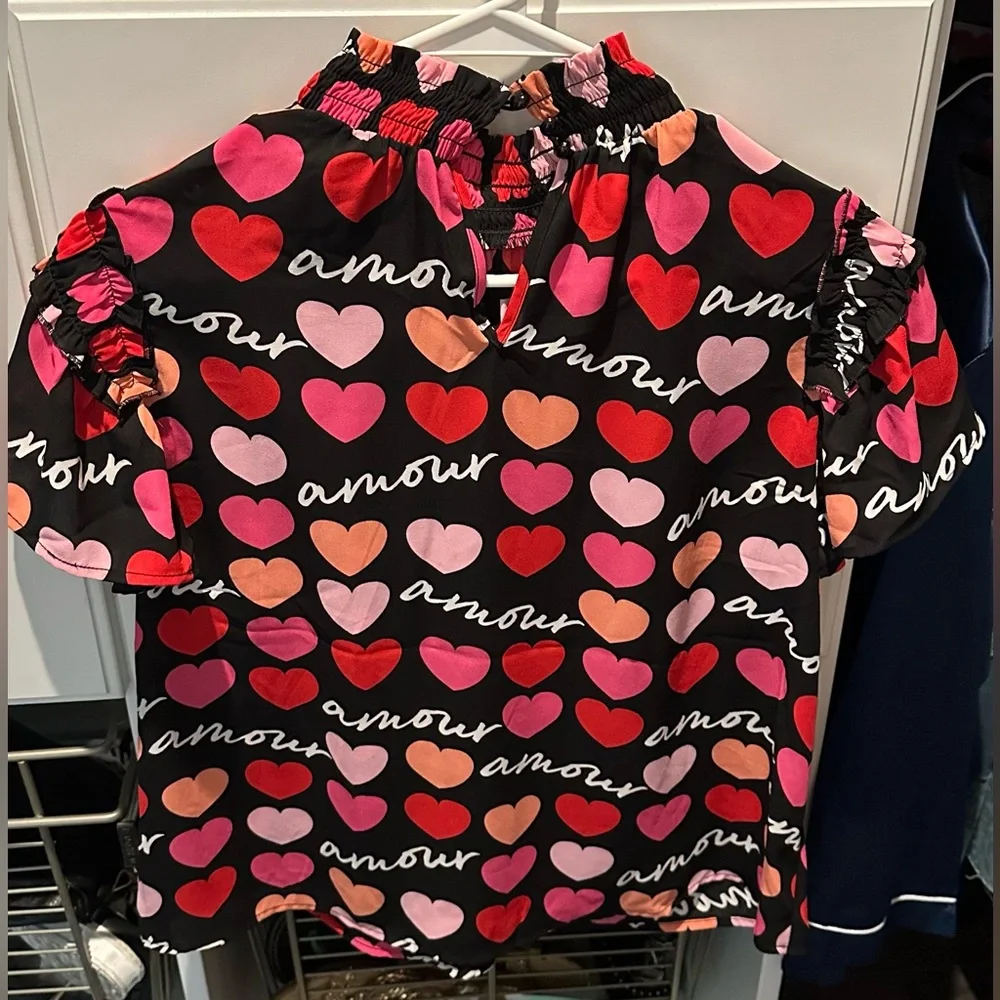 Women’s Heart Print Ruffled Mock Neck Top - Black/Pink - Picture 8 of 8